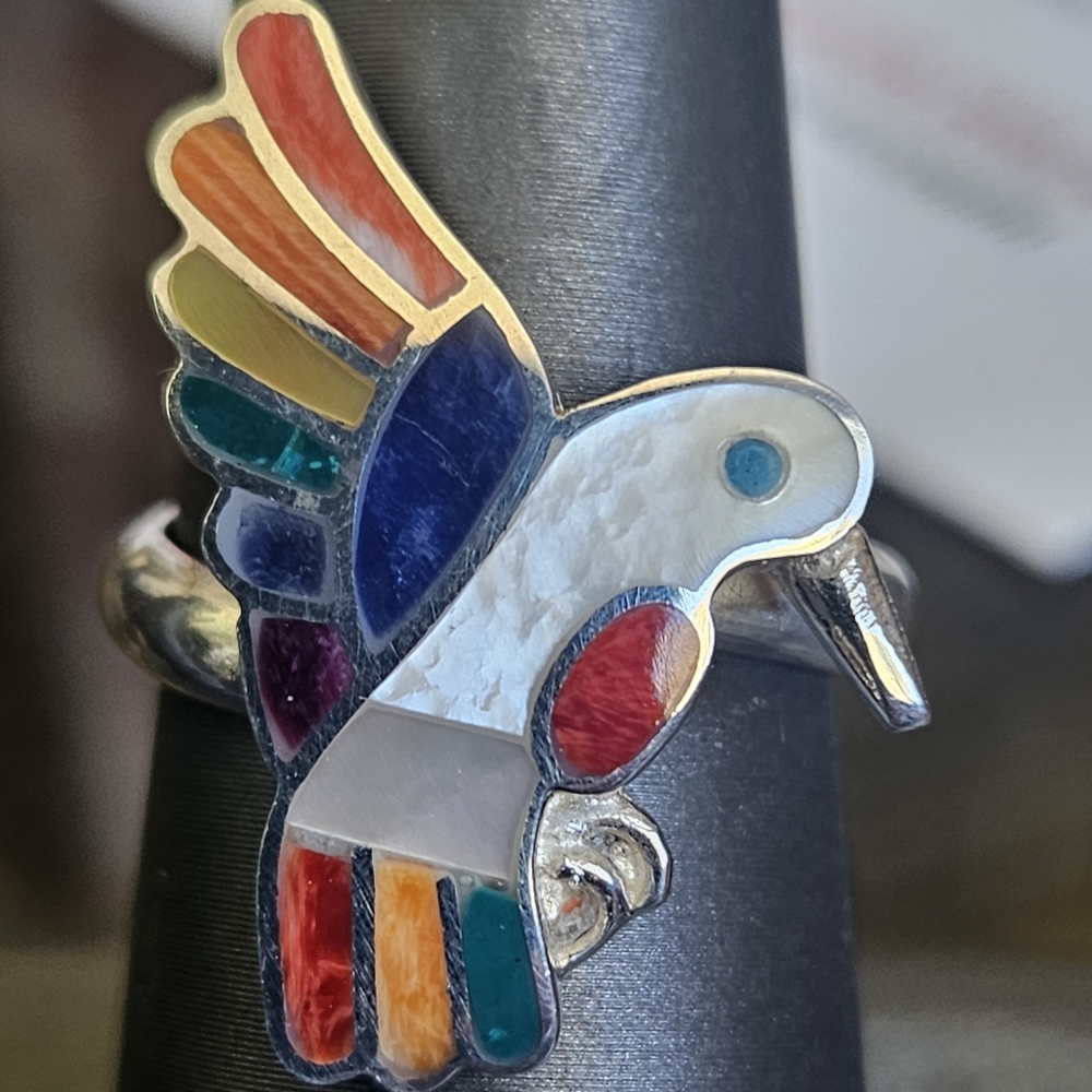 NEW Multi Inlaid Gemstones Hummingbird 925 Silver Ring